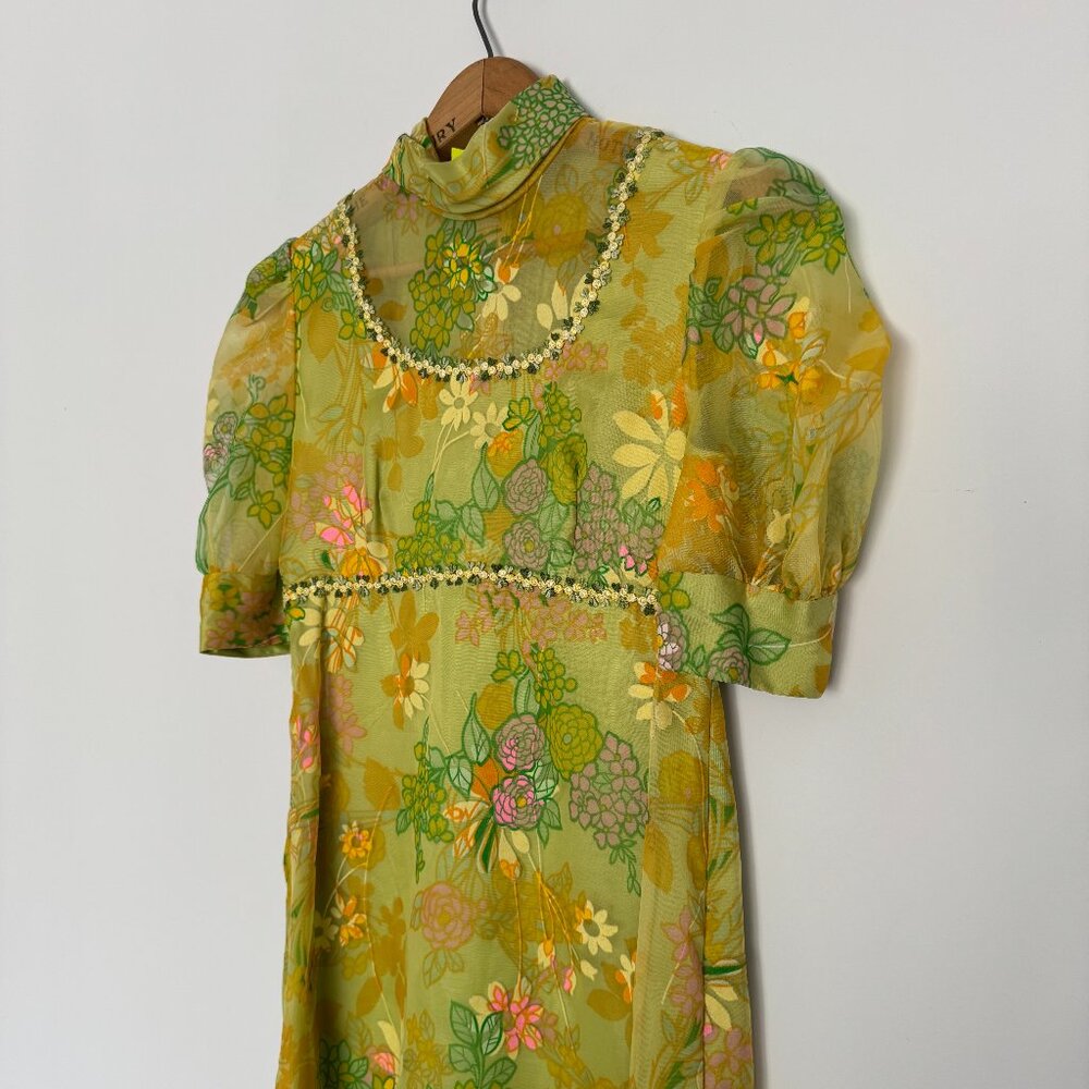 RARE 60s Chiffon and velour psychedelic hippie puff sleeve maxi dress / sz S